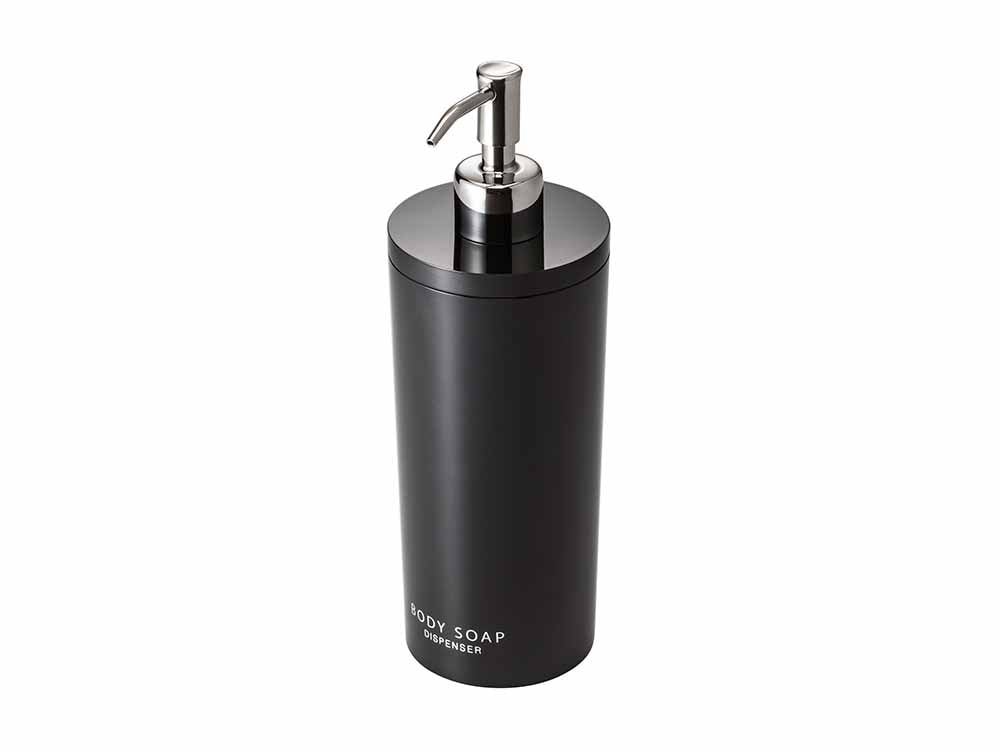 YAMAZAKI/toscaのツーウェイディスペンサー ラウンド。500ml容量のABS樹脂製ボトルとステンレスポンプを備えたプラスチック製ソープディスペンサー。